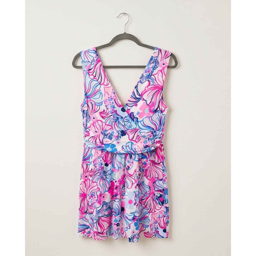 Lilly Pulitzer Pink Blue Floral Shell Print V-Neck Ruched Waist Dress Medium